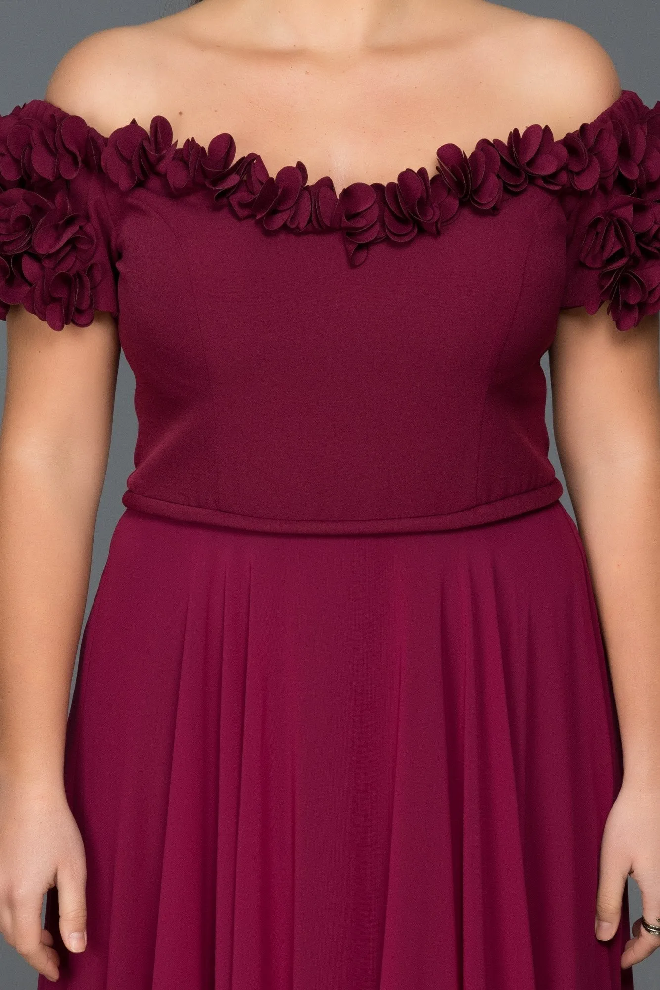 14643 Plum Off-Shoulder Floral Applique Dress
