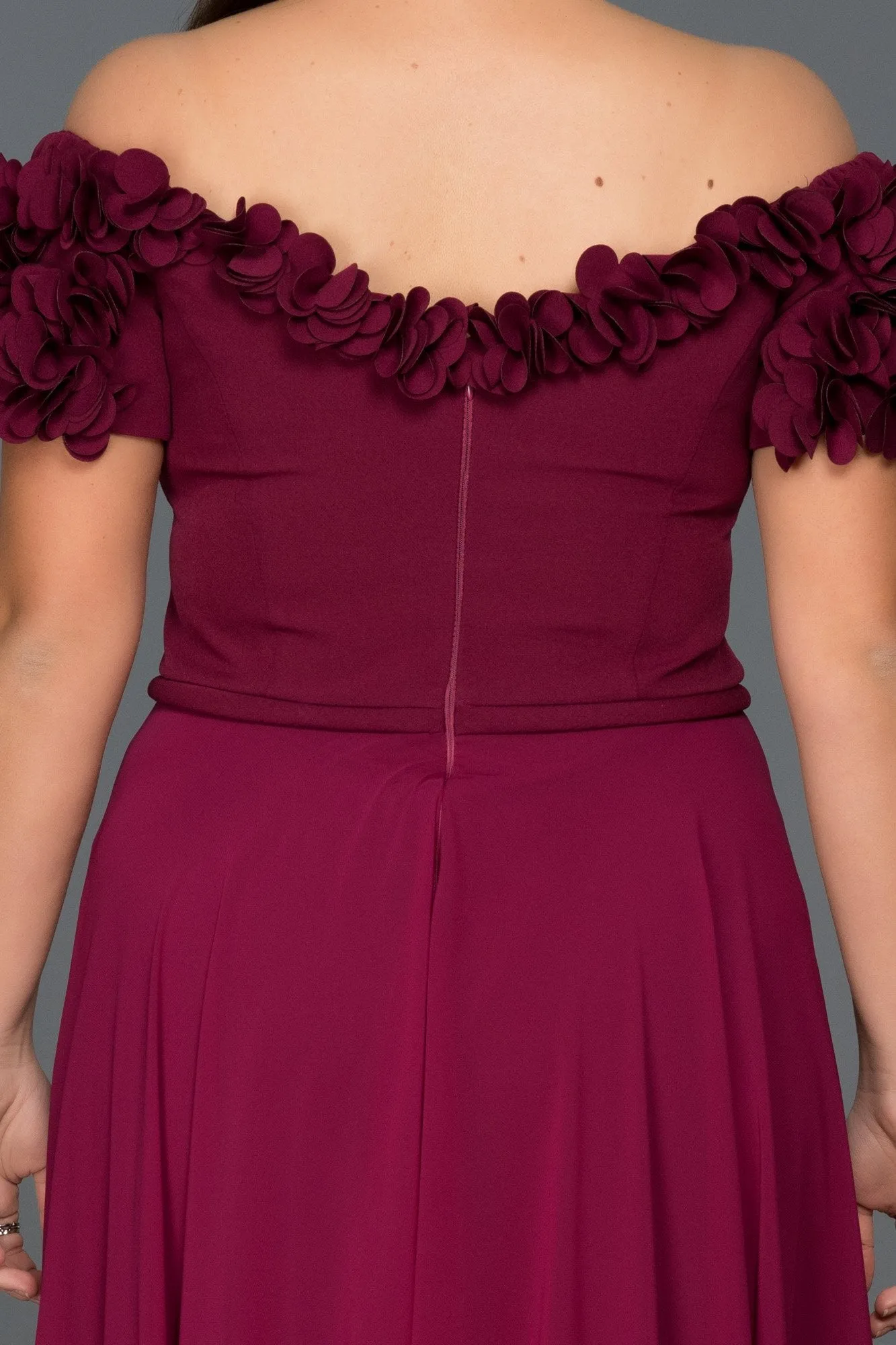 14643 Plum Off-Shoulder Floral Applique Dress