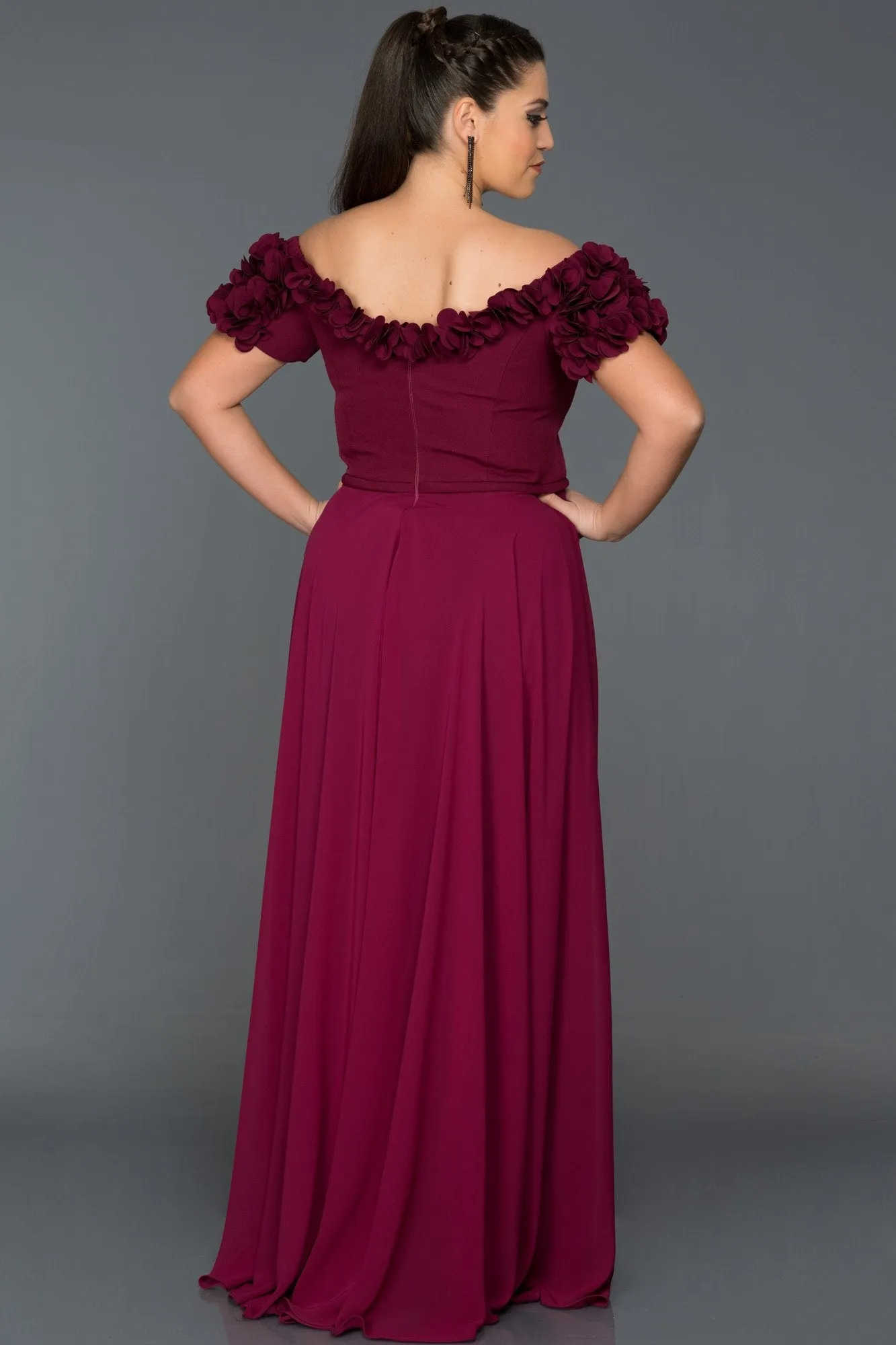 14643 Plum Off-Shoulder Floral Applique Dress