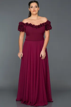 14643 Plum Off-Shoulder Floral Applique Dress