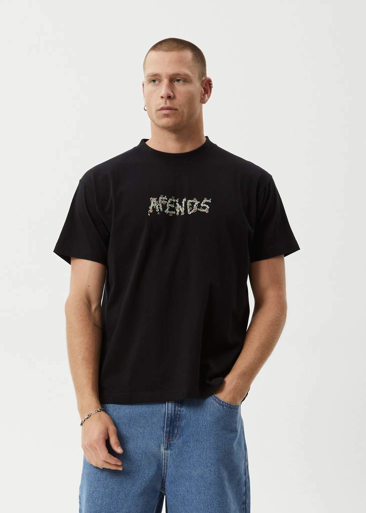 AFENDS Mens Daisy Chain - Boxy Fit Tee - Black