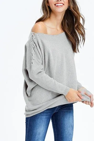 Alice Dreamer Light Grey Lace Up Off-the Shoulder Dolman Long Sleeve Sweater