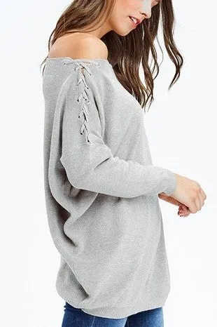 Alice Dreamer Light Grey Lace Up Off-the Shoulder Dolman Long Sleeve Sweater