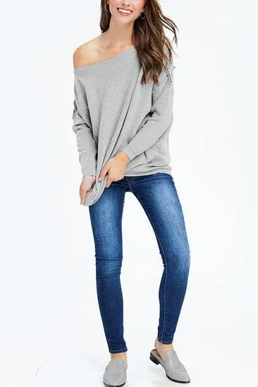Alice Dreamer Light Grey Lace Up Off-the Shoulder Dolman Long Sleeve Sweater