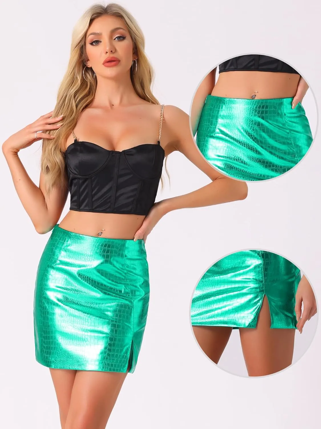 Allegra K Metallic Shiny Skirt for Women's High Waist Slit Sparkly Rave Party Bodycon Mini Skirts