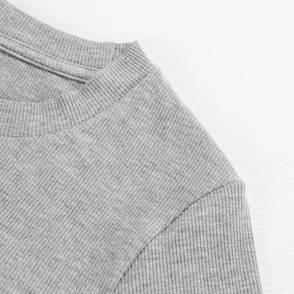 Artfish Women's Round Neck Long Sleeve Knit Ribbed Fitted Crop Top Casual Basic Shirts