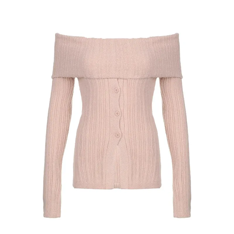Basic Buttons Off Shoulder Knitted Sweater