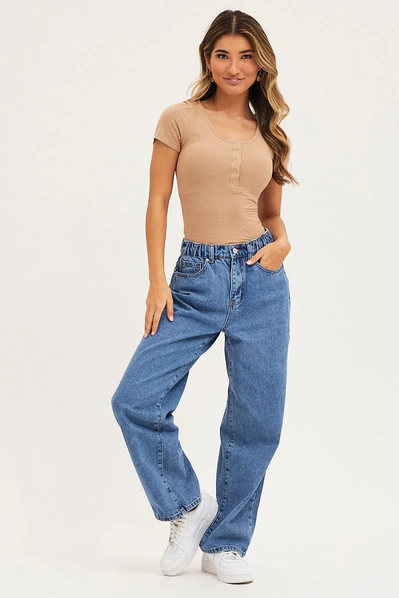 Beige Press Stud T Shirt Ribbed