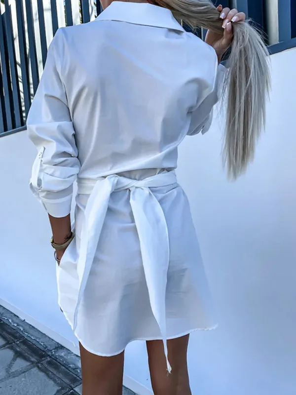 Belted Button-Up Shirt Dress in Solid Cotton with Roll-Up Sleeves