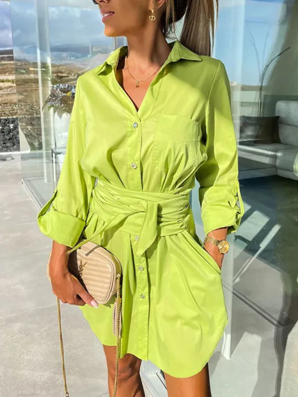 Belted Button-Up Shirt Dress in Solid Cotton with Roll-Up Sleeves