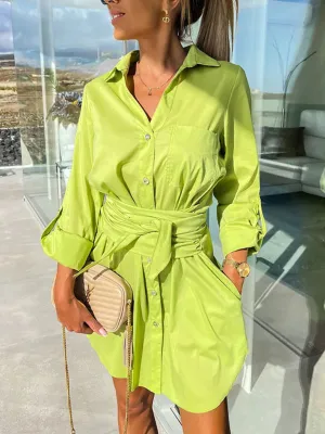 Belted Button-Up Shirt Dress in Solid Cotton with Roll-Up Sleeves