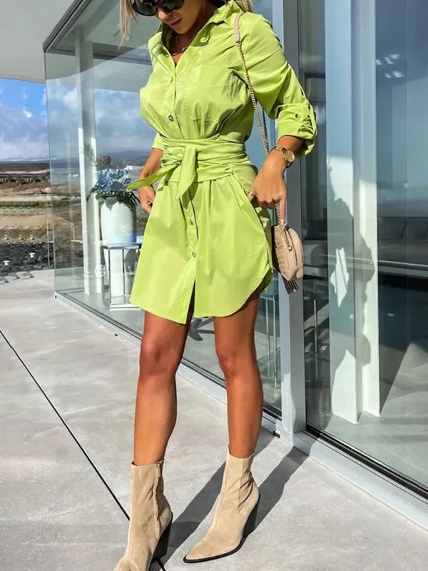 Belted Button-Up Shirt Dress in Solid Cotton with Roll-Up Sleeves