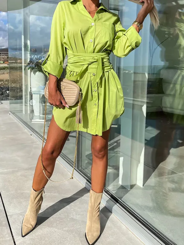 Belted Button-Up Shirt Dress in Solid Cotton with Roll-Up Sleeves