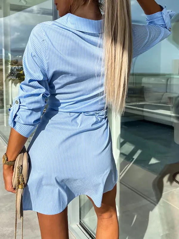 Belted Button-Up Shirt Dress in Solid Cotton with Roll-Up Sleeves