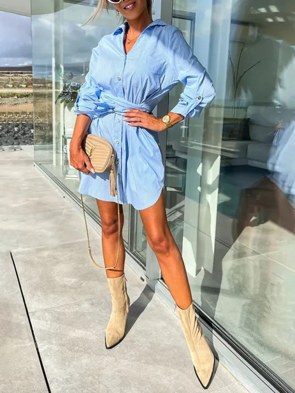 Belted Button-Up Shirt Dress in Solid Cotton with Roll-Up Sleeves