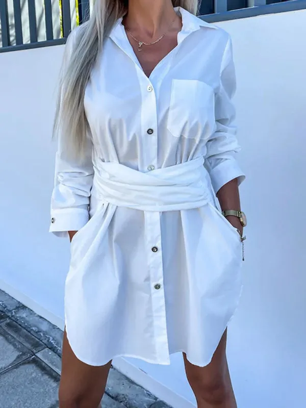 Belted Button-Up Shirt Dress in Solid Cotton with Roll-Up Sleeves