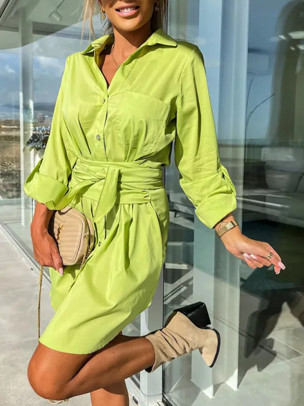 Belted Button-Up Shirt Dress in Solid Cotton with Roll-Up Sleeves