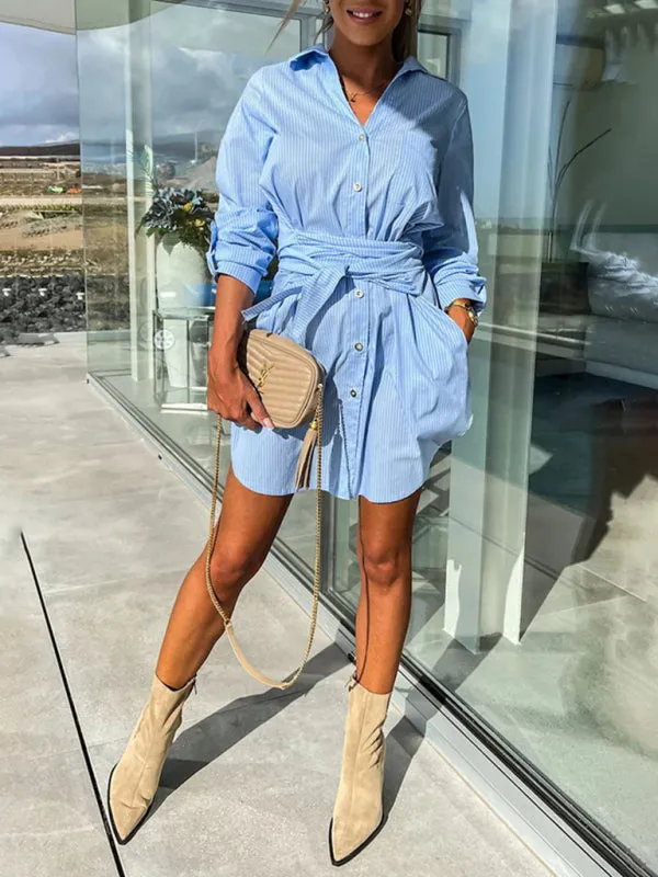 Belted Button-Up Shirt Dress in Solid Cotton with Roll-Up Sleeves