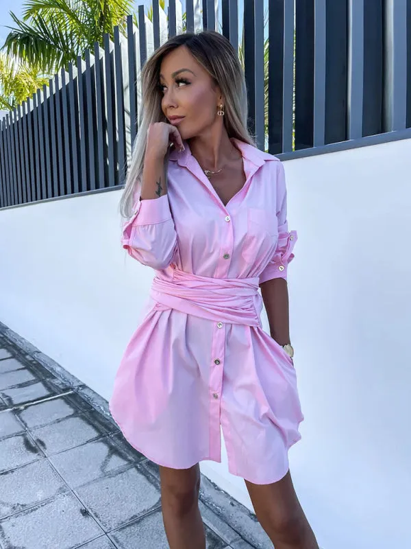Belted Button-Up Shirt Dress in Solid Cotton with Roll-Up Sleeves