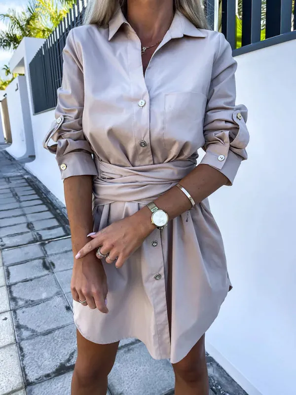 Belted Button-Up Shirt Dress in Solid Cotton with Roll-Up Sleeves