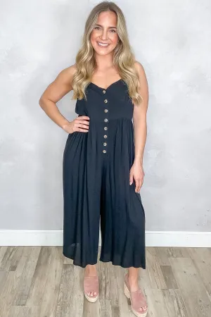 Black Cropped Wide Leg Jumpsuit With Buttons