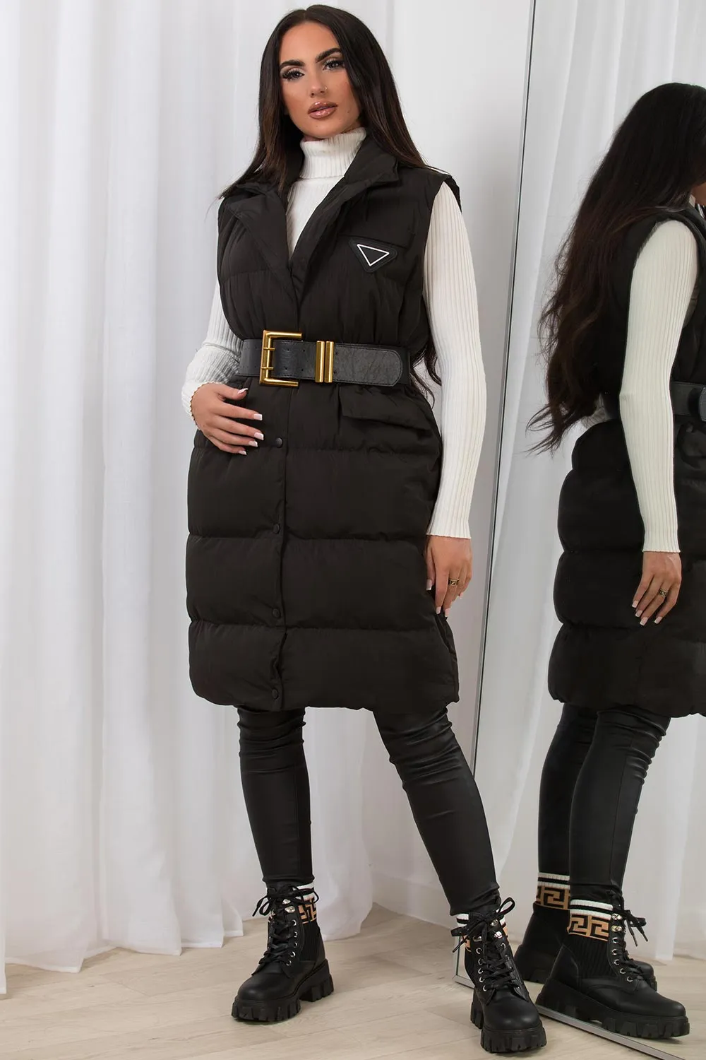 Black Long Puffer Gilet With Lapel Collar & Belt