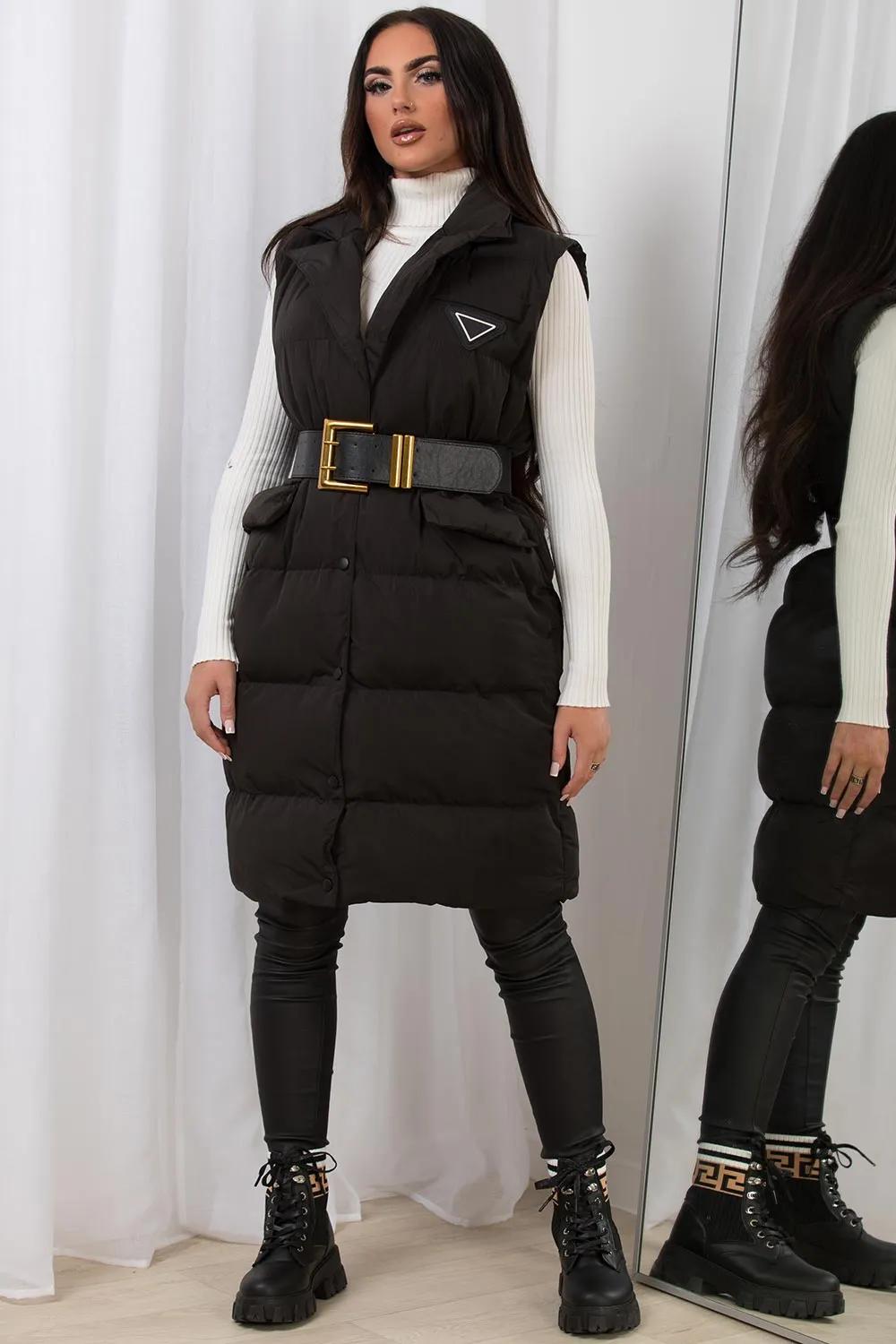 Black Long Puffer Gilet With Lapel Collar & Belt