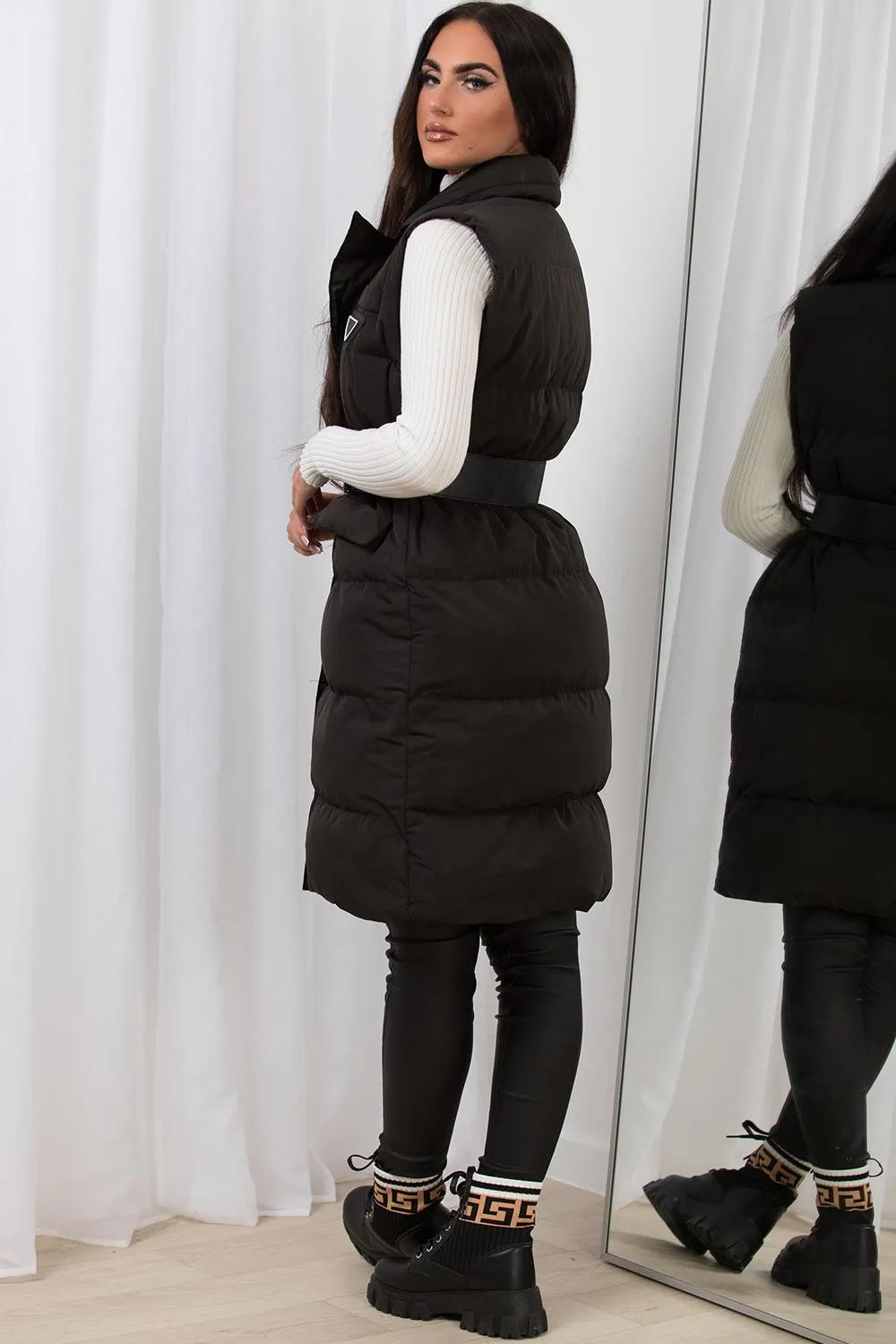 Black Long Puffer Gilet With Lapel Collar & Belt