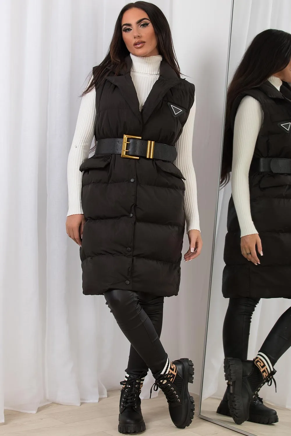 Black Long Puffer Gilet With Lapel Collar & Belt