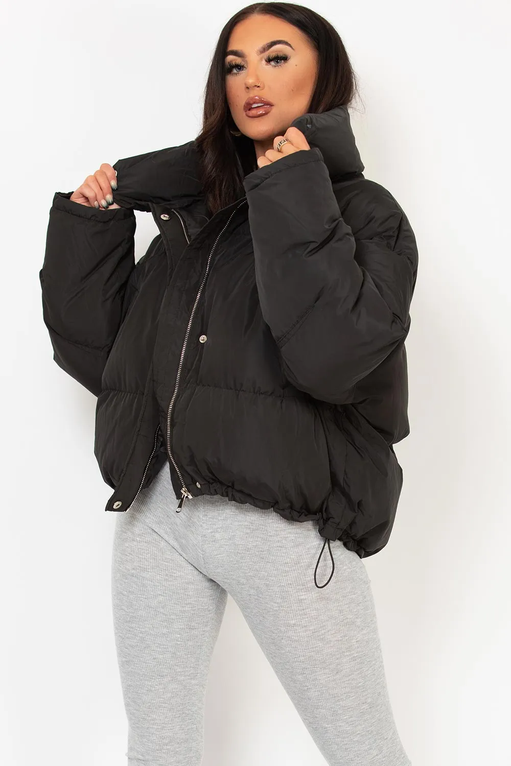 Black Puffer Jacket With Drawstring Hem