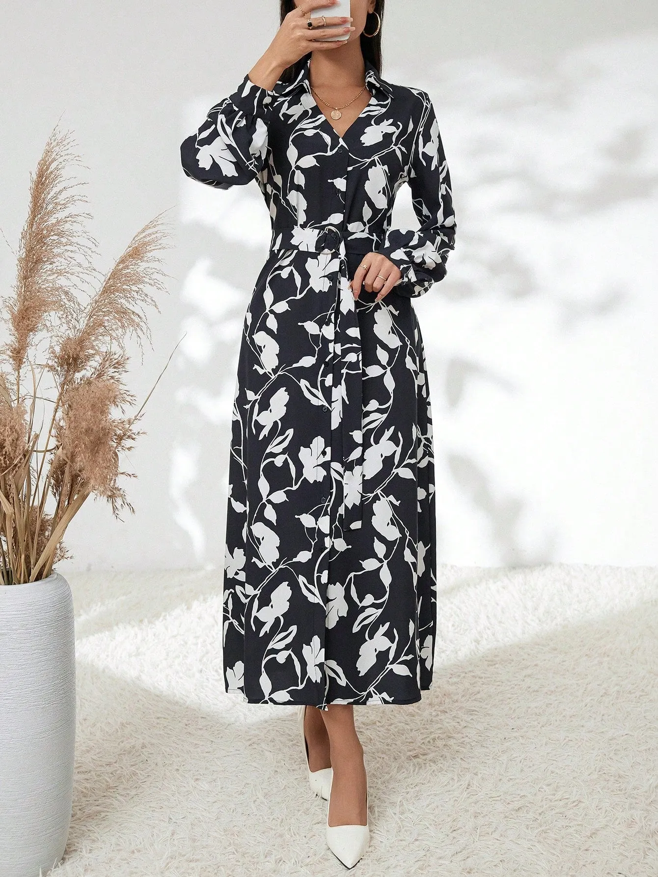 Black White Botanical Print Long Sleeve Belted High Waist Shirt Dress