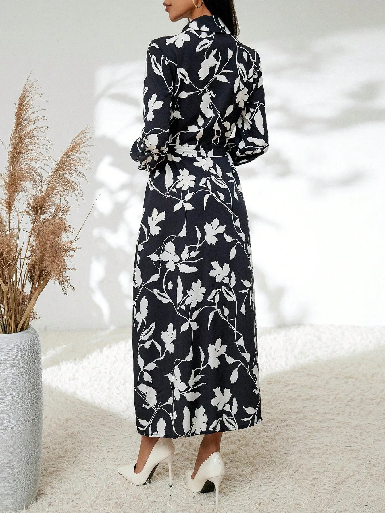 Black White Botanical Print Long Sleeve Belted High Waist Shirt Dress