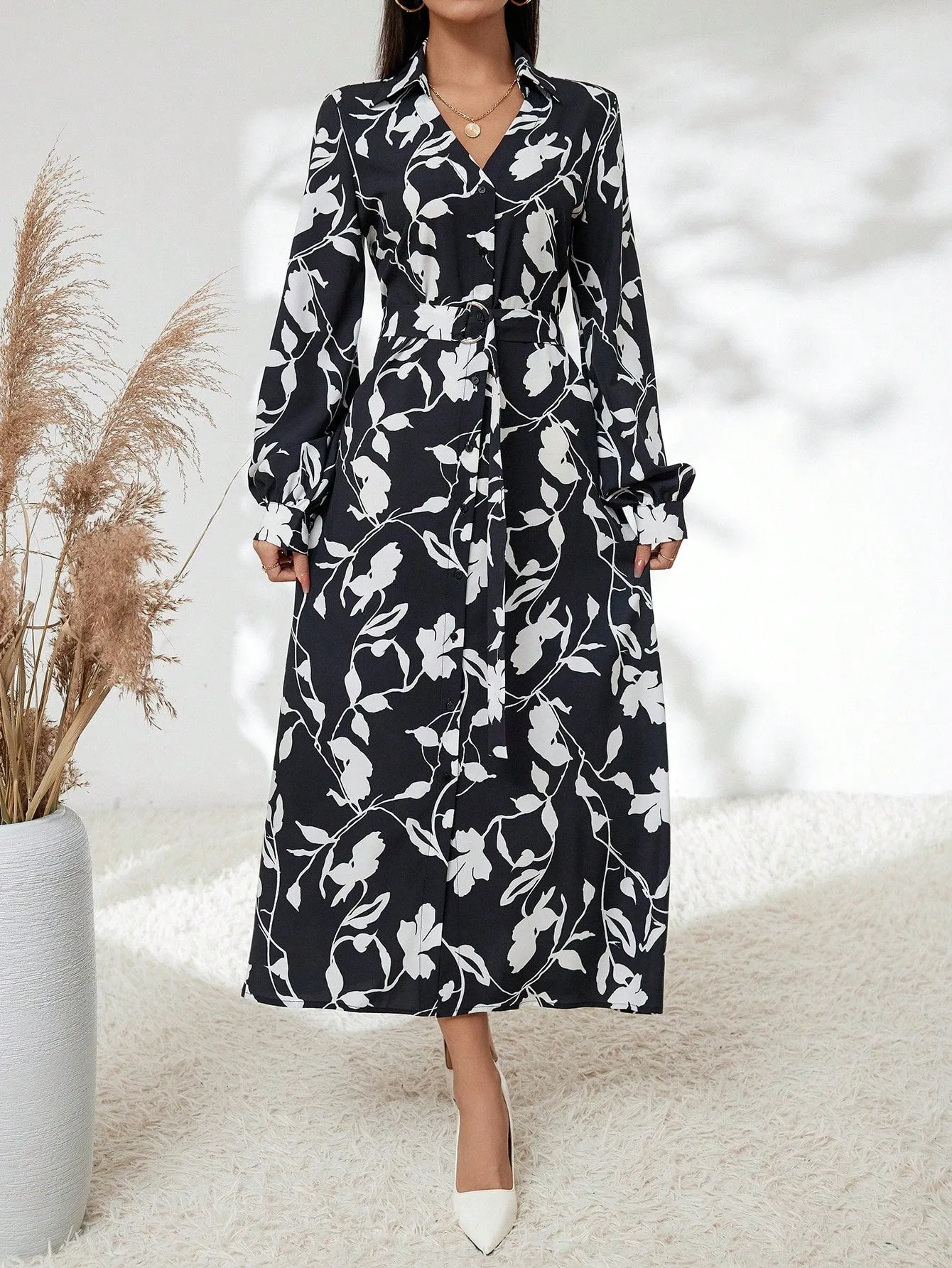 Black White Botanical Print Long Sleeve Belted High Waist Shirt Dress