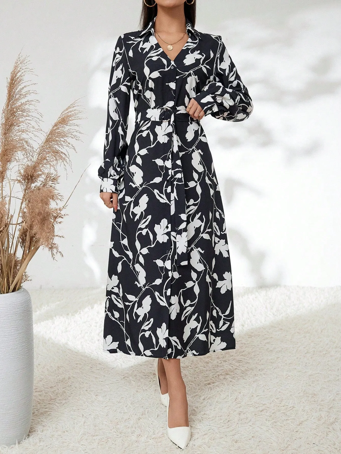 Black White Botanical Print Long Sleeve Belted High Waist Shirt Dress
