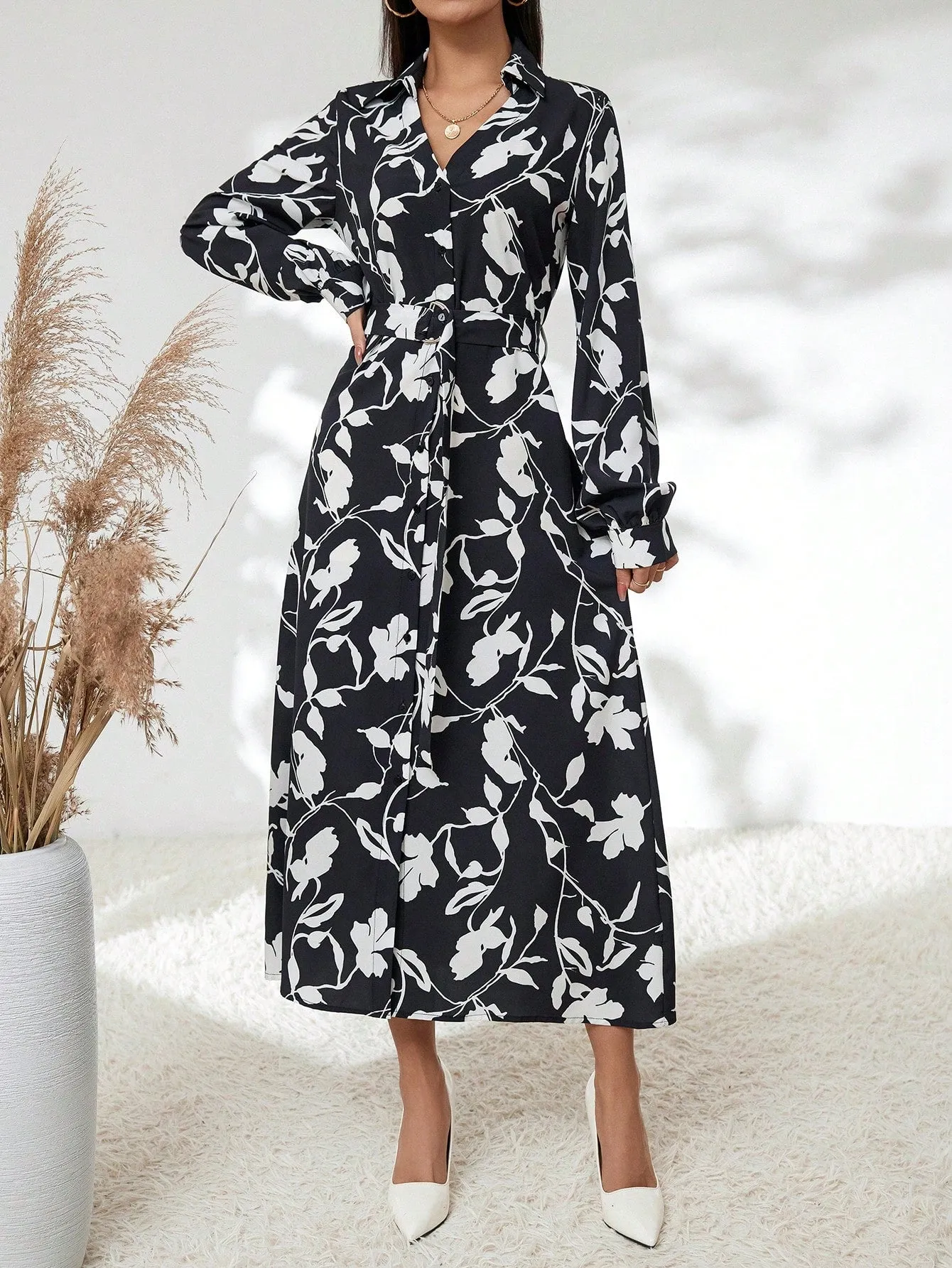 Black White Botanical Print Long Sleeve Belted High Waist Shirt Dress
