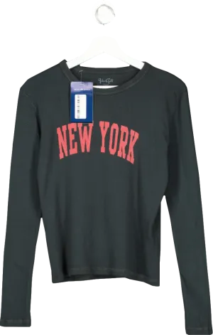 Brandy Melville Black New York Slogan Ribbed Long Sleeve T Shirt  UK 8-10 One Size