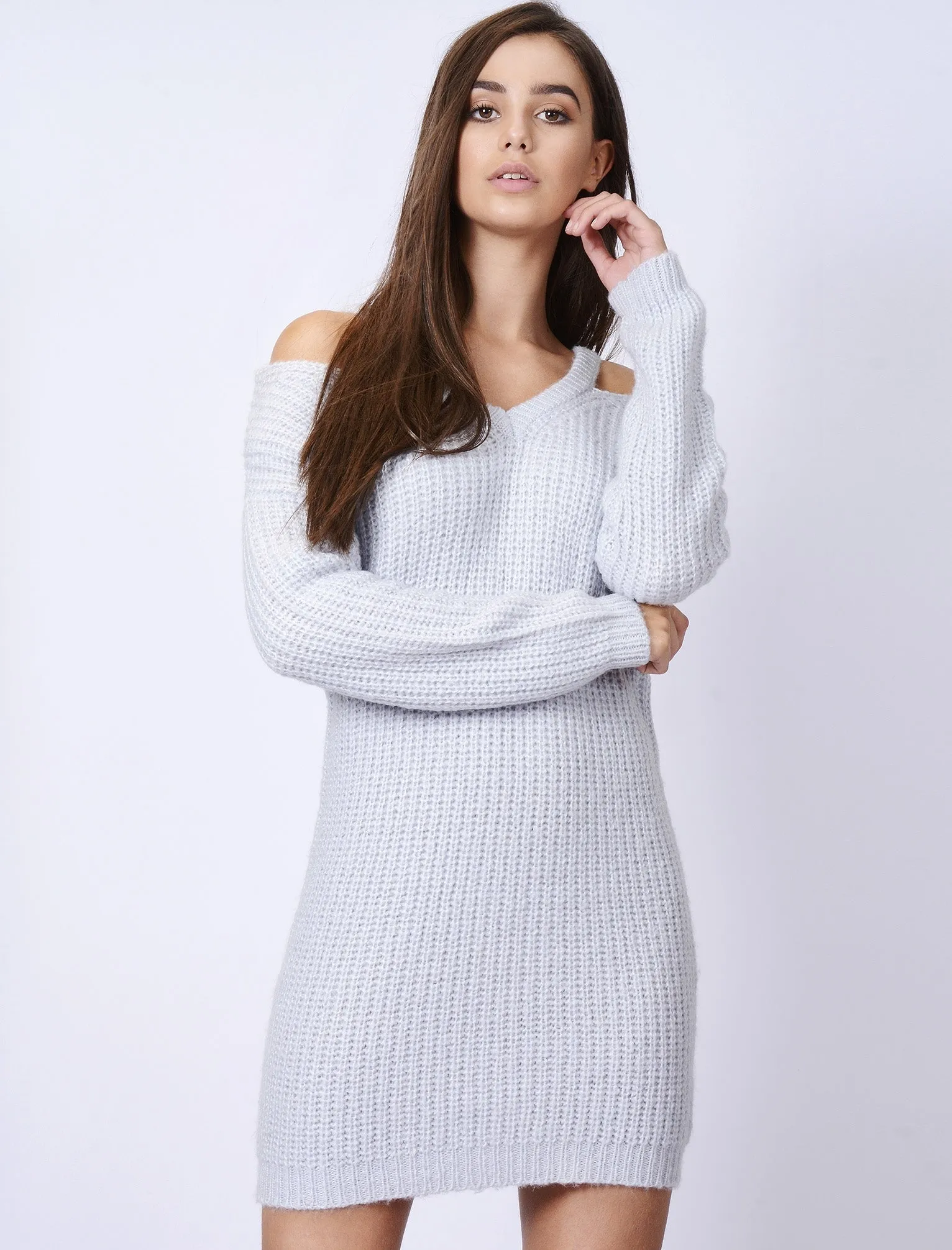 Broad Church Split Shoulder Longline Knitted Jumper in Miss Powder Grey - Tokyo Laundry