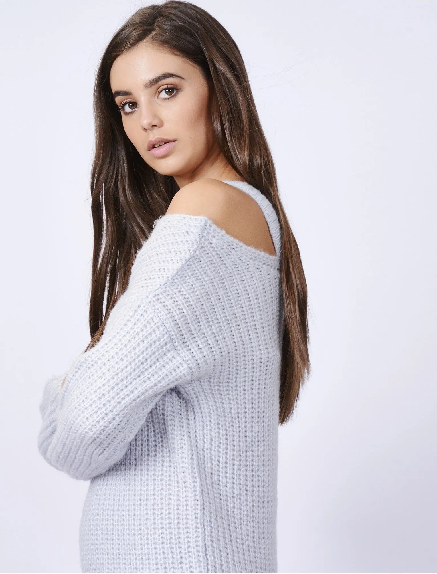 Broad Church Split Shoulder Longline Knitted Jumper in Miss Powder Grey - Tokyo Laundry