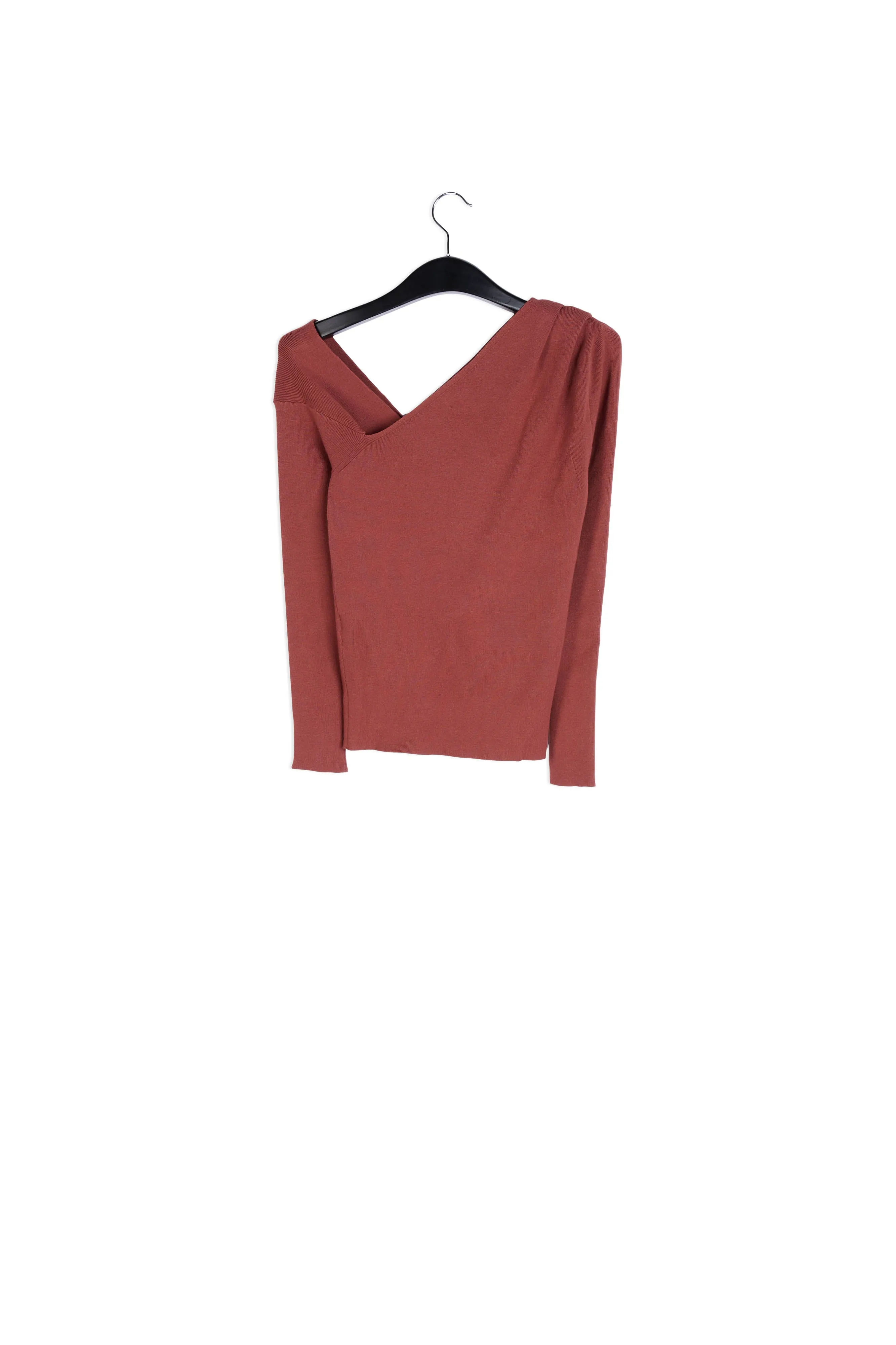 Brown rib-knitted sweater with asymmetric neckline
