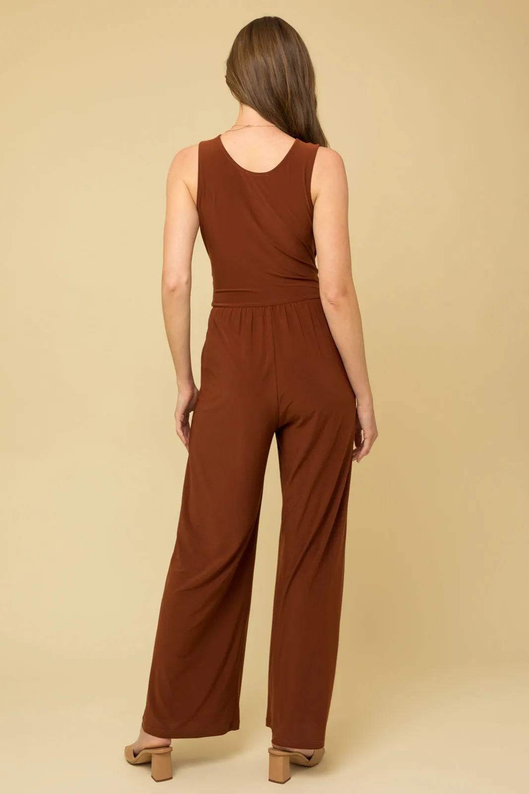 Brown Sleeveless Waist Belt Jumpsuit