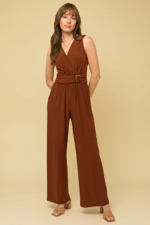 Brown Sleeveless Waist Belt Jumpsuit