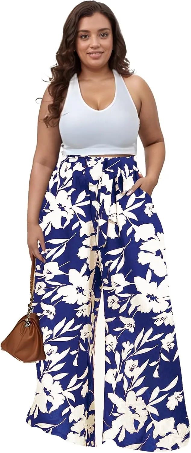 Casual Plus Size Wide Leg Palazzo Pants for Women Lounge High Waist Skirt Pants with Pockets Elastic Waistband