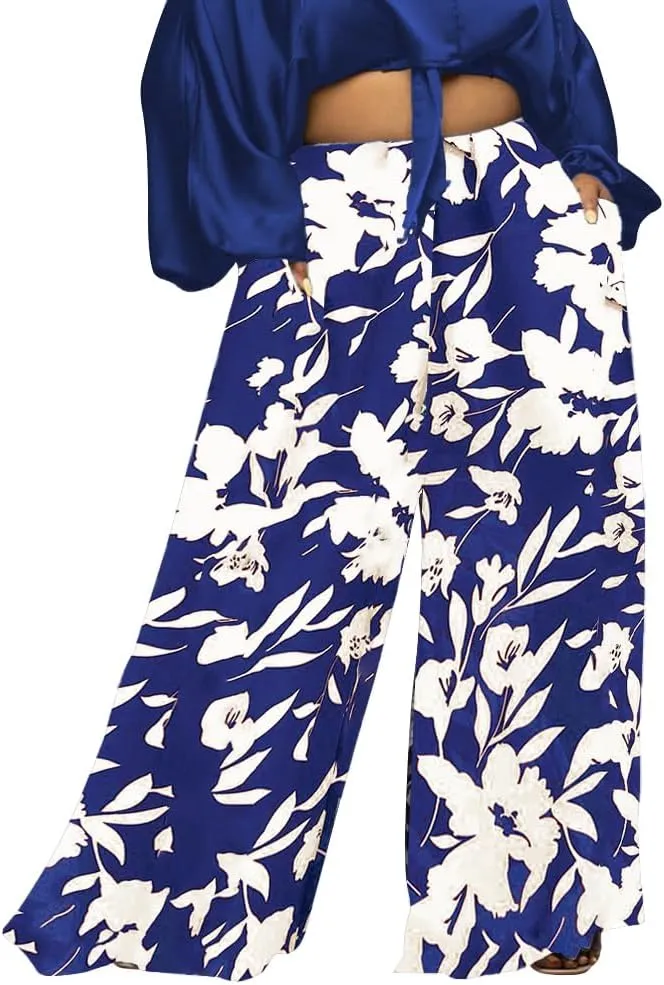 Casual Plus Size Wide Leg Palazzo Pants for Women Lounge High Waist Skirt Pants with Pockets Elastic Waistband