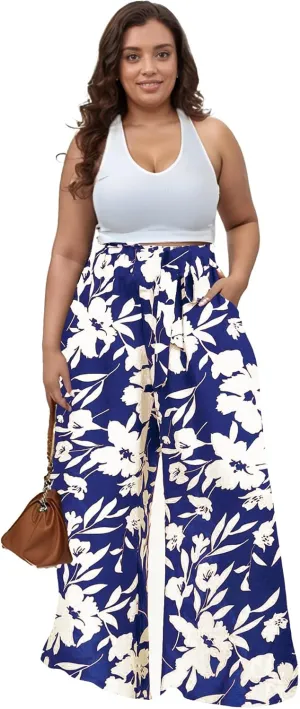 Casual Plus Size Wide Leg Palazzo Pants for Women Lounge High Waist Skirt Pants with Pockets Elastic Waistband