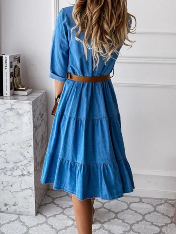 Casual Sophistication: Women's Vintage Wash Denim Belted Shirt Dress