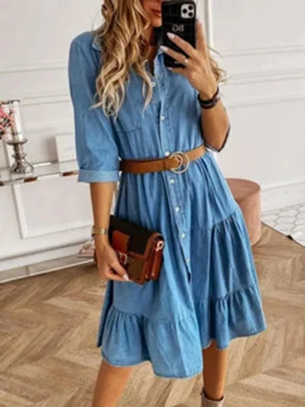 Casual Sophistication: Women's Vintage Wash Denim Belted Shirt Dress