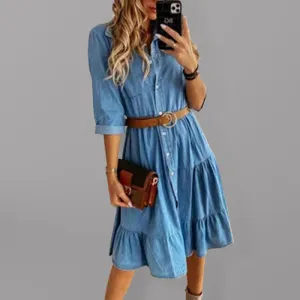 Casual Sophistication: Women's Vintage Wash Denim Belted Shirt Dress