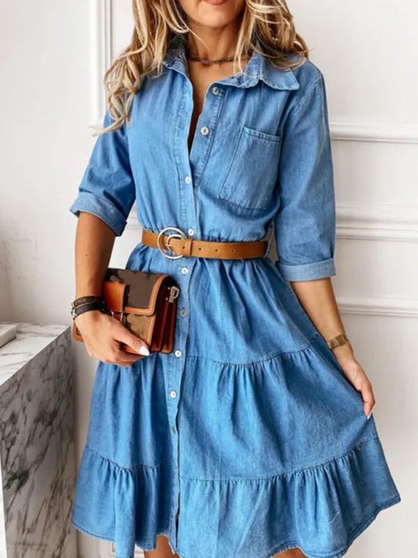 Casual Sophistication: Women's Vintage Wash Denim Belted Shirt Dress
