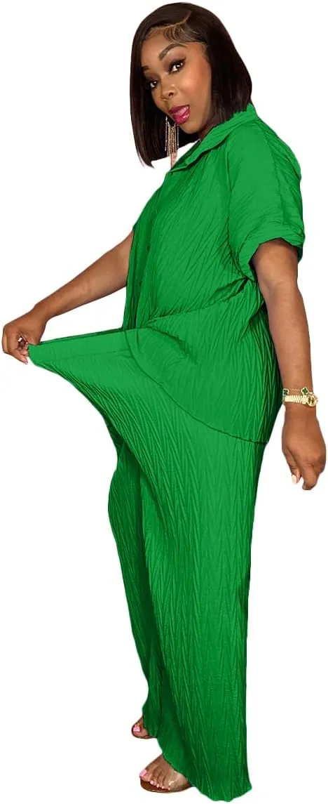 Casual Two Piece Set for Women - Button Down Shirt and Wide Leg Pants Matching Set Tracksuits