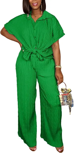 Casual Two Piece Set for Women - Button Down Shirt and Wide Leg Pants Matching Set Tracksuits